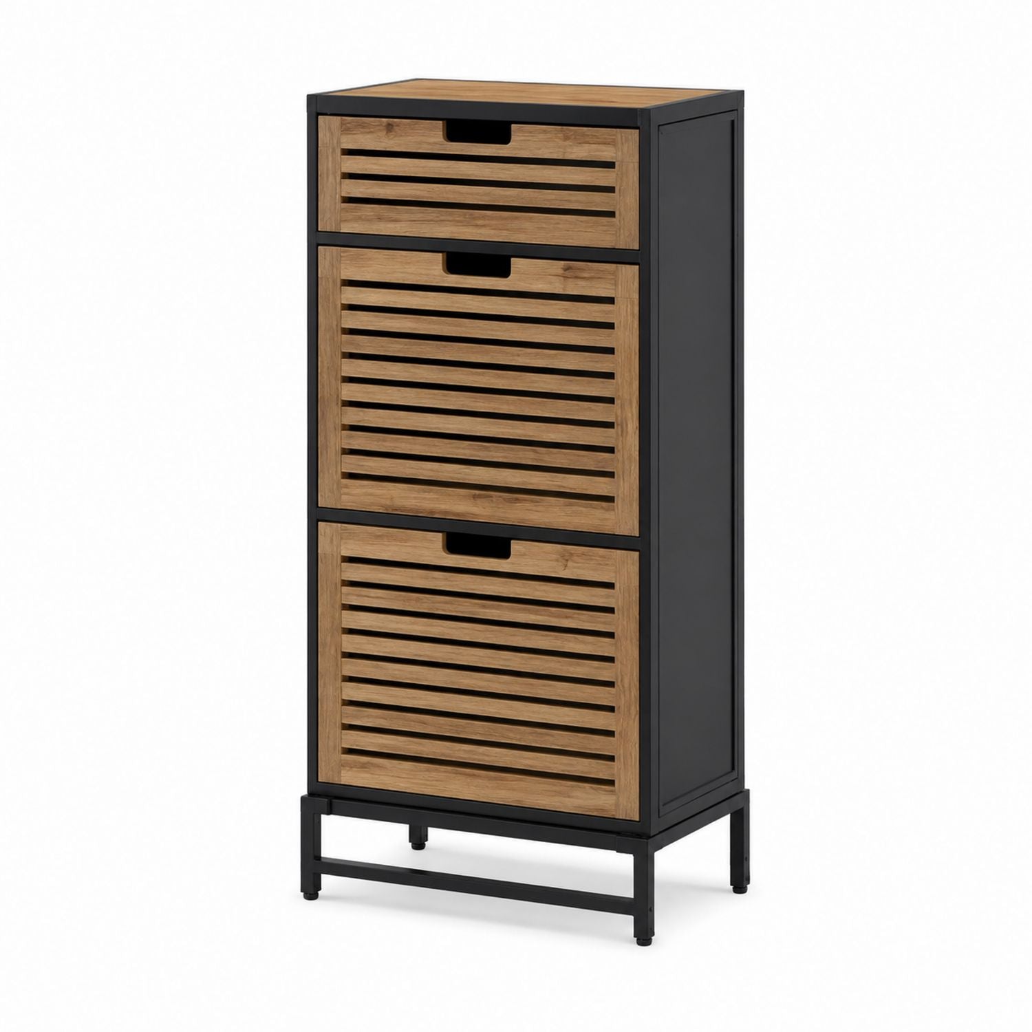 3-Tier Shoe Storage Cabinet MDF Wood Panels with Black Steel Frame