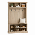 Wooden Hall Tree with Coat Rack and Shoe Storage in Natural Oak