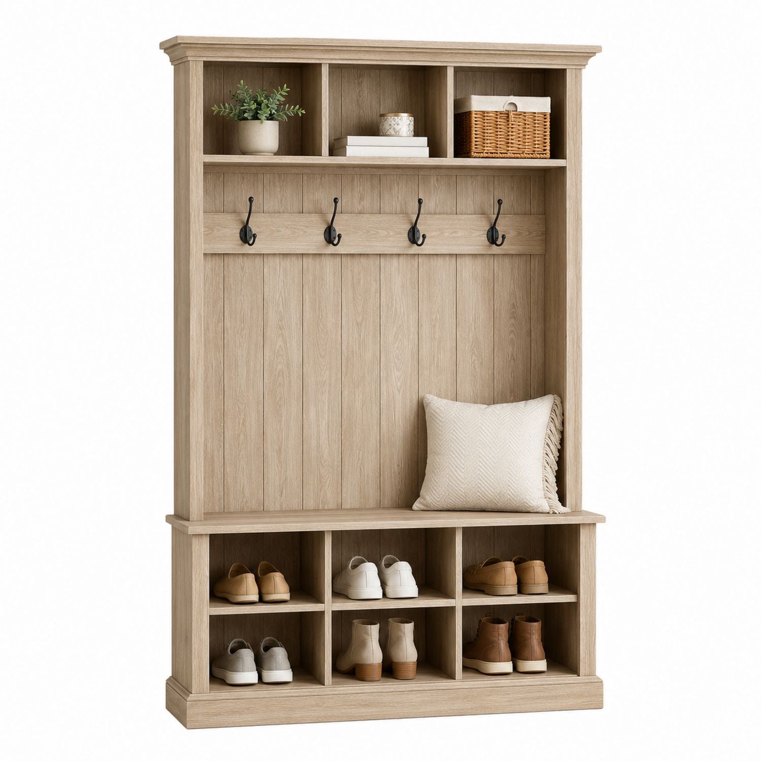 Wooden Hall Tree with Coat Rack and Shoe Storage in Natural Oak