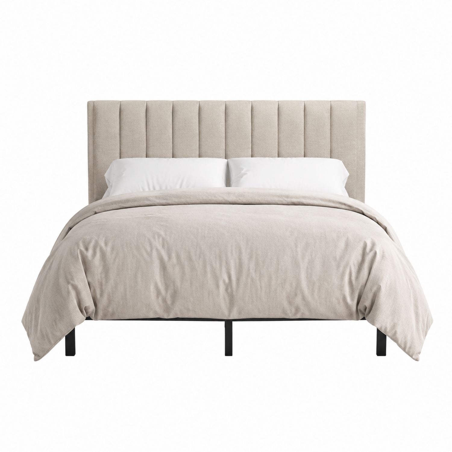 Fabric Upholstered Platform Bed with Channel Tufted Headboard Beige Queen Size