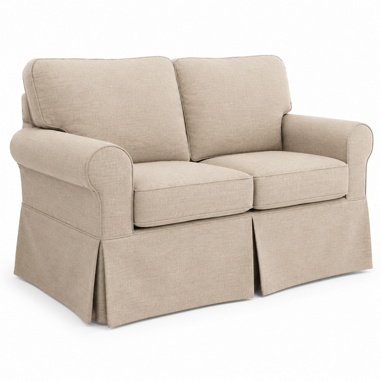 Beige Fabric Loveseat Sofa with Rolled Arms and Skirted Base 54in Width