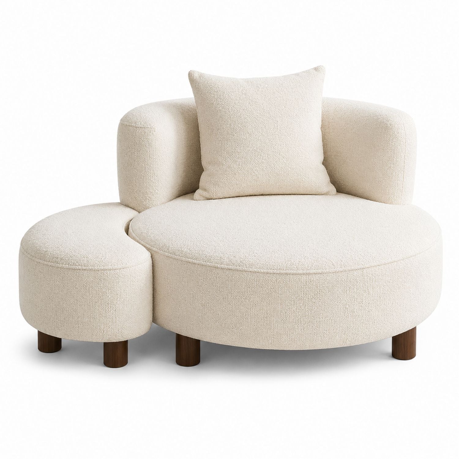 Boucle Fabric Beige Round Lounge Chair with Ottoman and Pillow