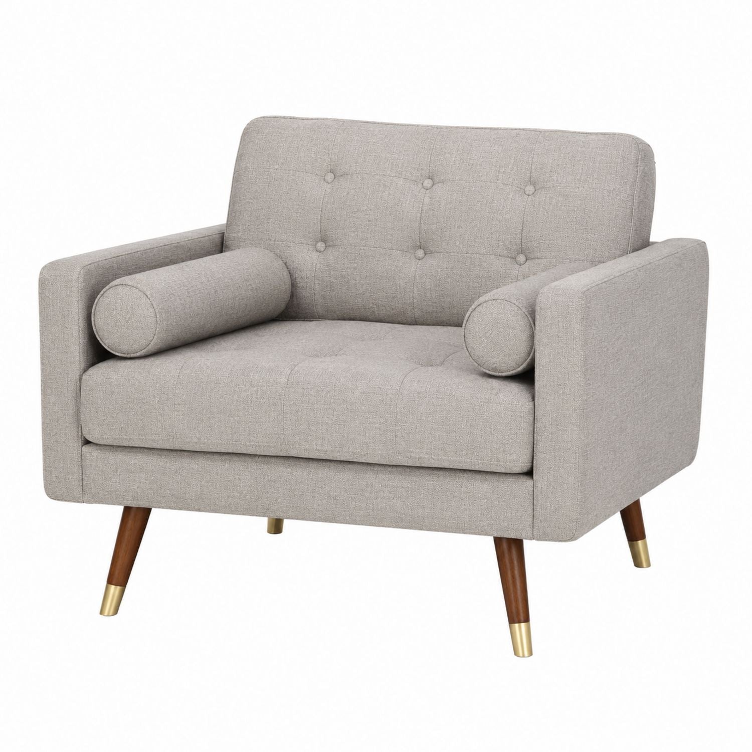 Grey Fabric Armchair with Wooden Legs and Brass Caps