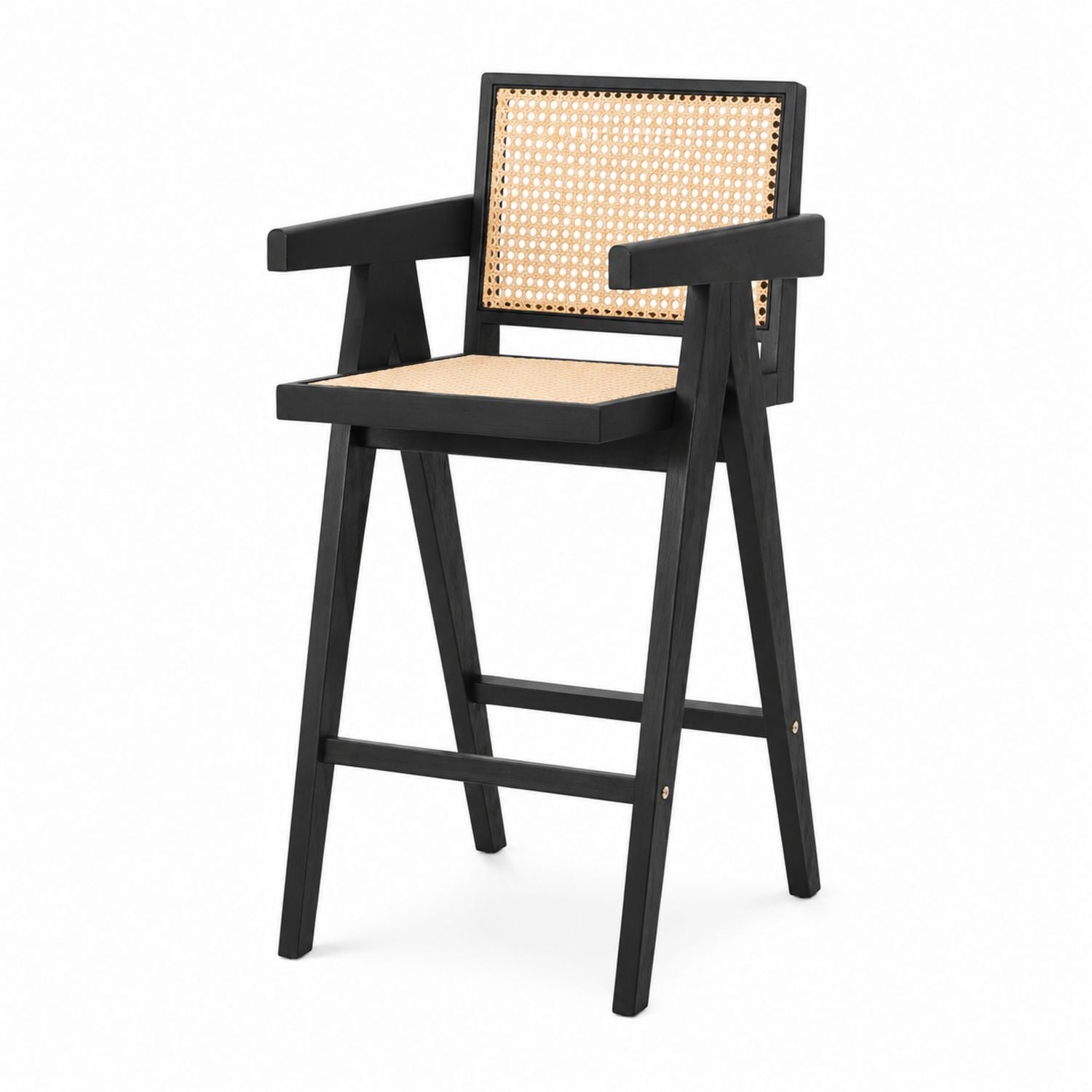 Wood and Rattan Bar Stool Black 95cm