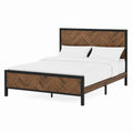 Queen Size Bed Frame Wood Chevron Pattern Headboard Metal Black/Brown