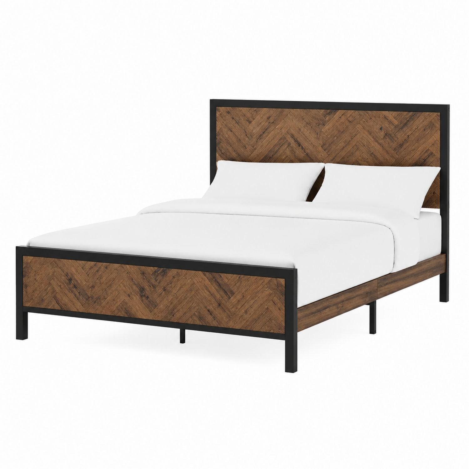 Queen Size Bed Frame Wood Chevron Pattern Headboard Metal Black/Brown