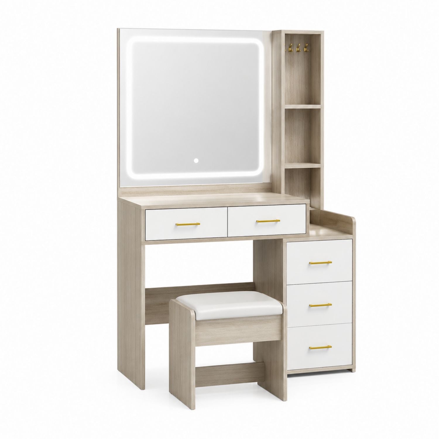 Wooden Vanity Set with LED Mirror and Stool Beige/White with Drawers