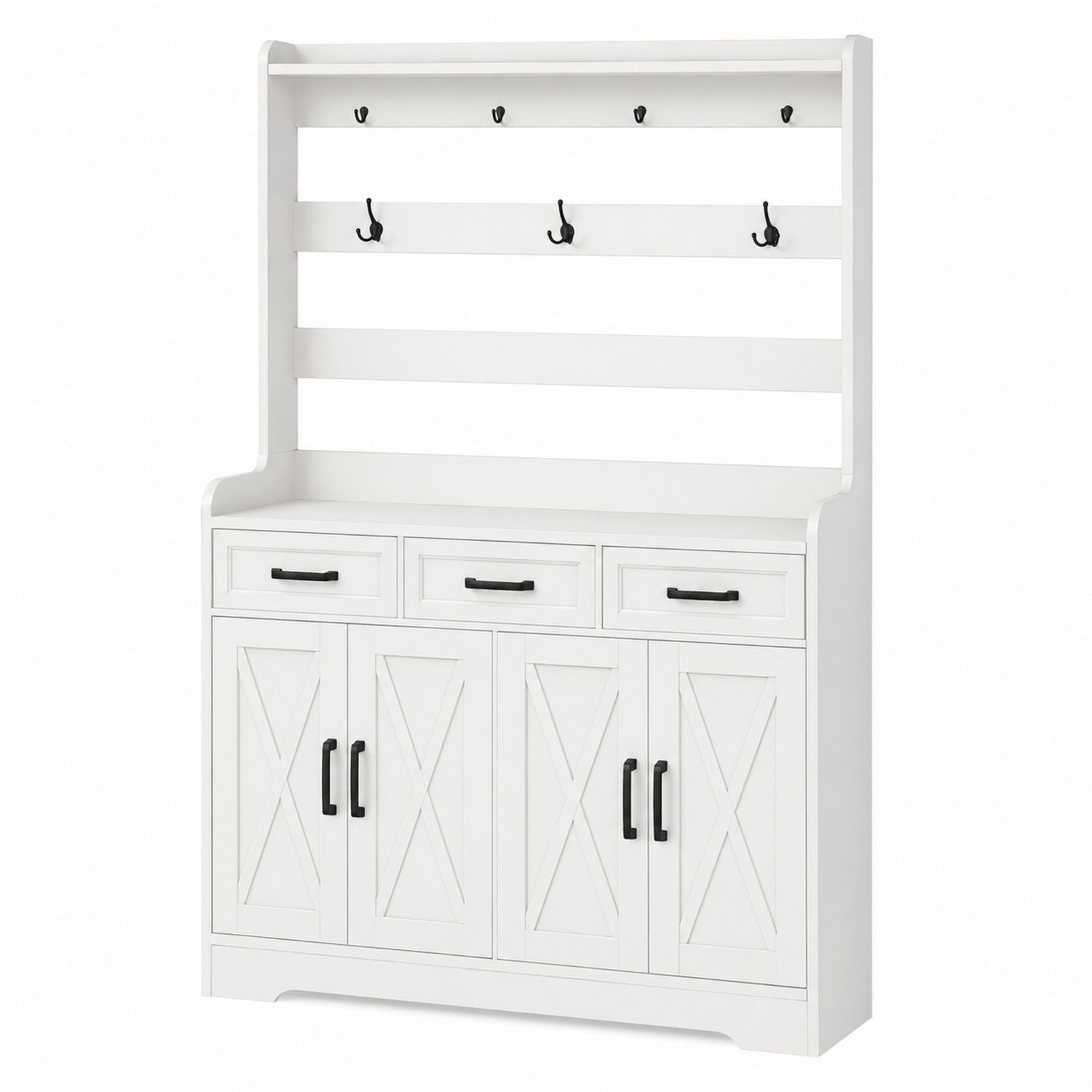 White MDF Hallway Coat Rack with Hooks and Cabinets