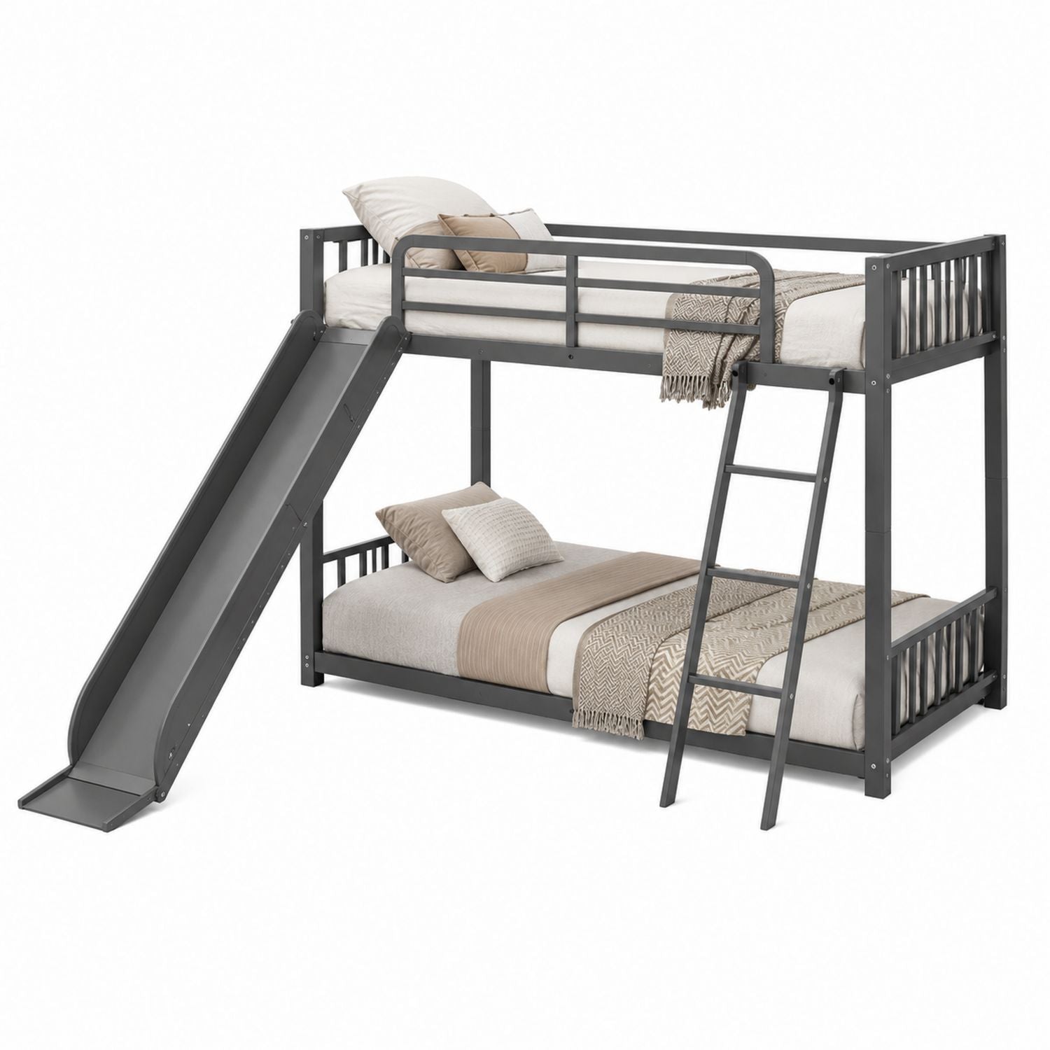Metal Twin Bunk Bed with Slide and Ladder - Gray