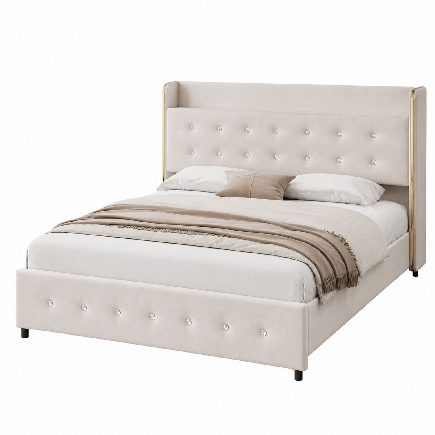 Upholstered Queen Bed with Steel Frame and Velvet Fabric