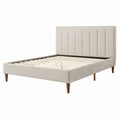 Linen Upholstered Platform Bed with Wooden Legs Beige