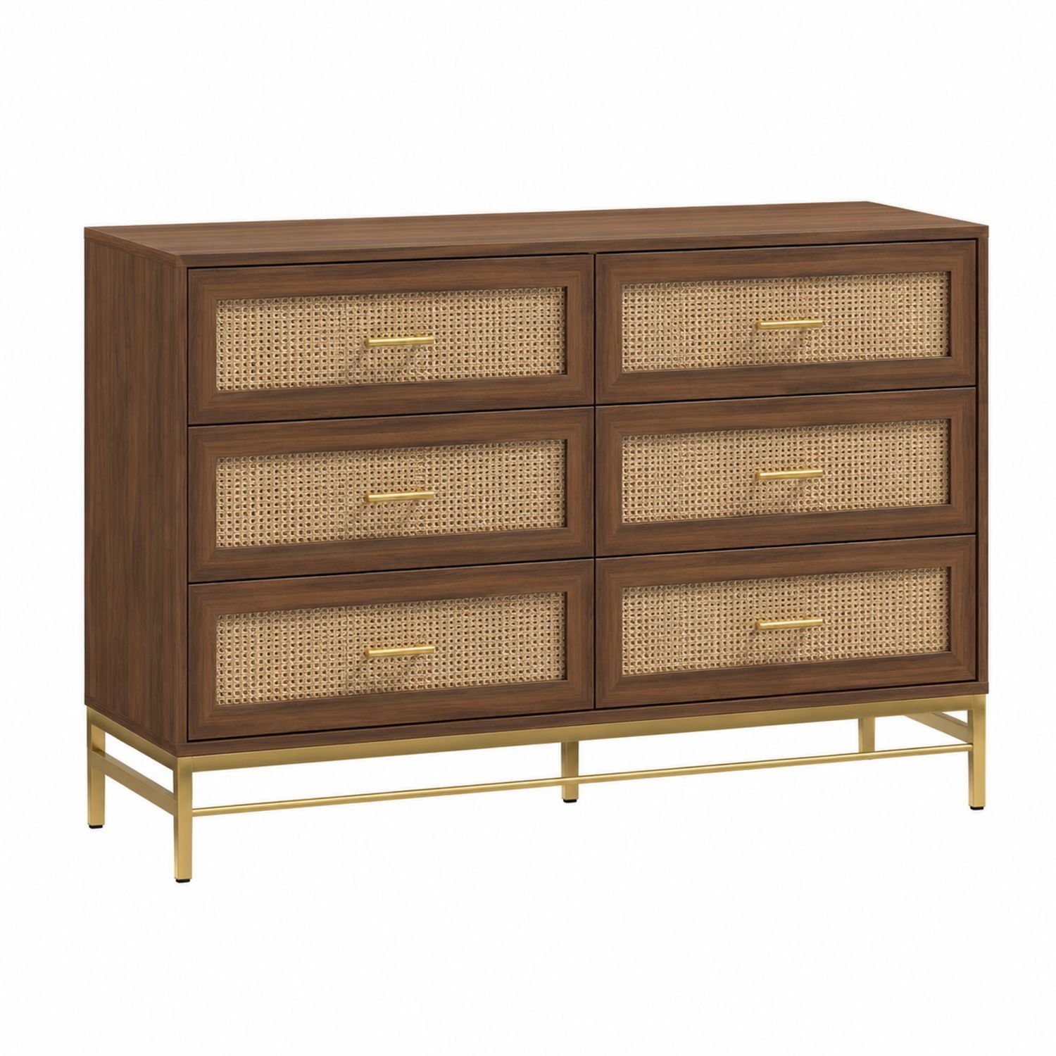 Wood Dresser with Rattan Drawers and Metal Base Brown Gold 120cm x 40cm x 80cm