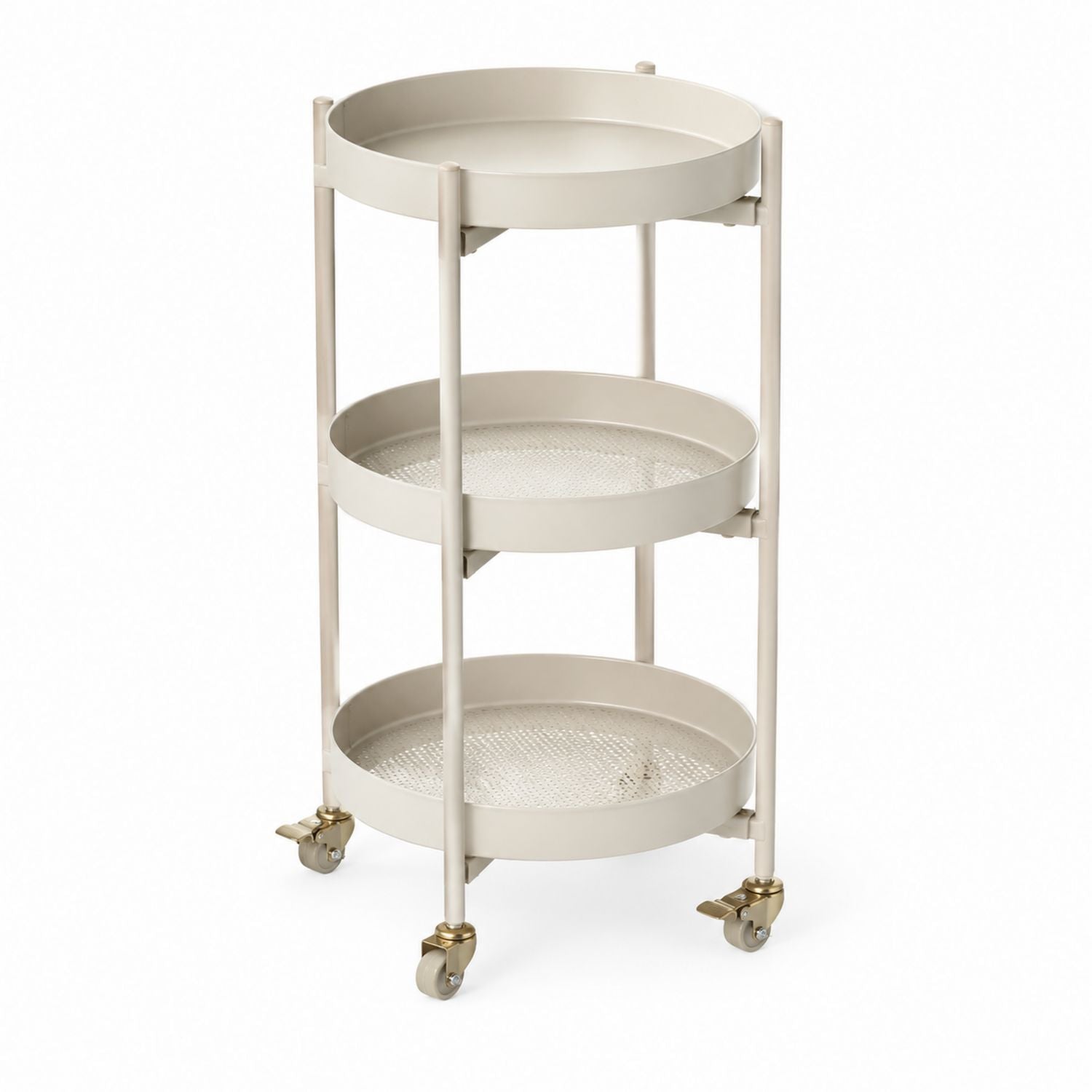 3-Tier Steel Bar Cart with Lockable Wheels Beige Round 35cm x 100cm