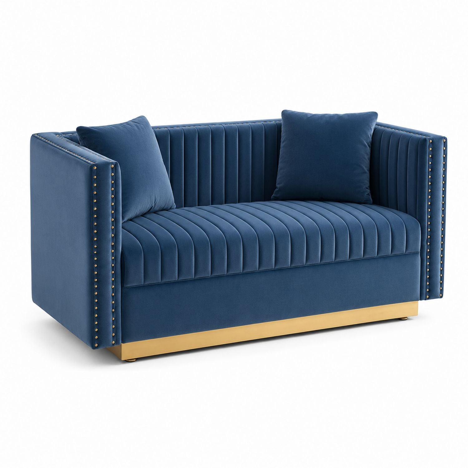 Velvet Sofa with Metal Base, Blue, 150cm x 75cm x 75cm