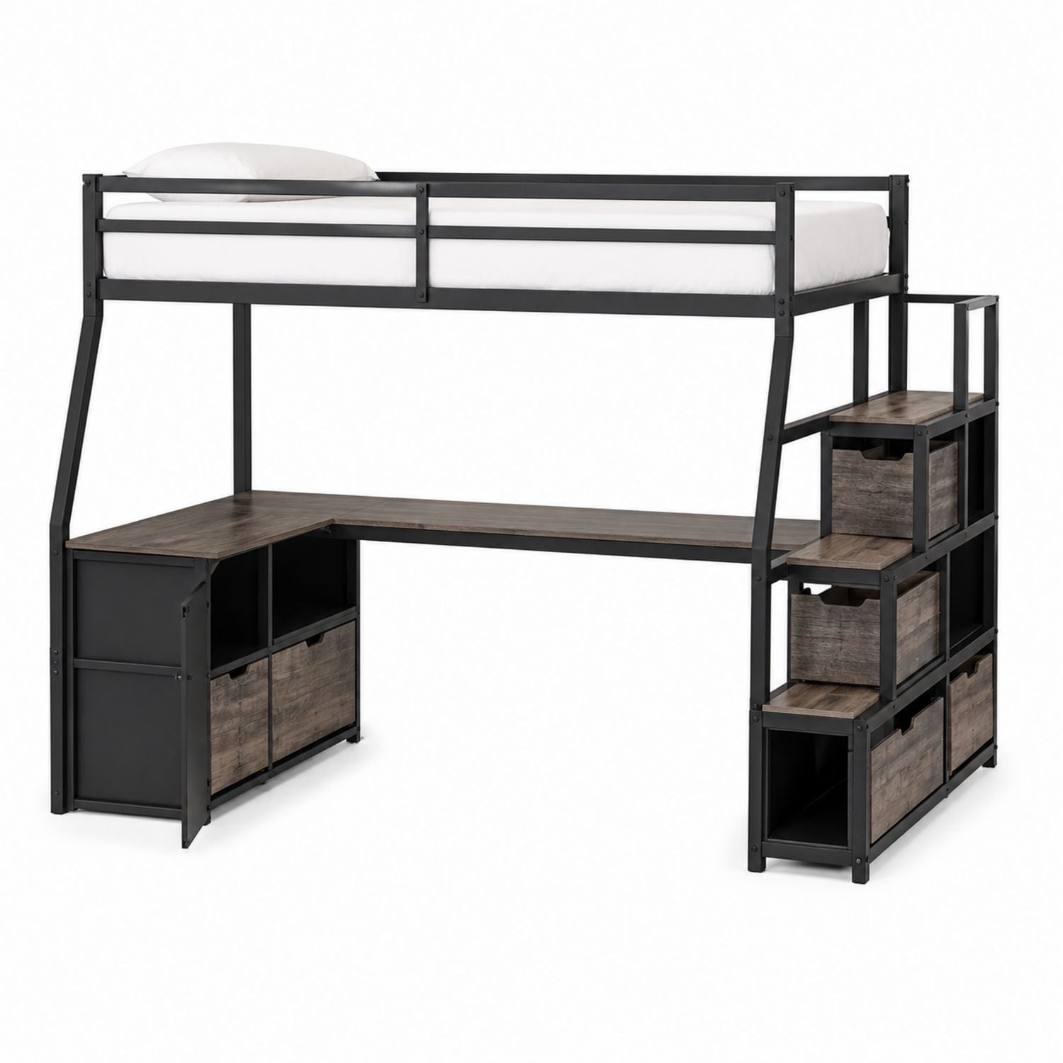 Loft Bed with Desk and Storage Metal Laminated Wood Black/Brown