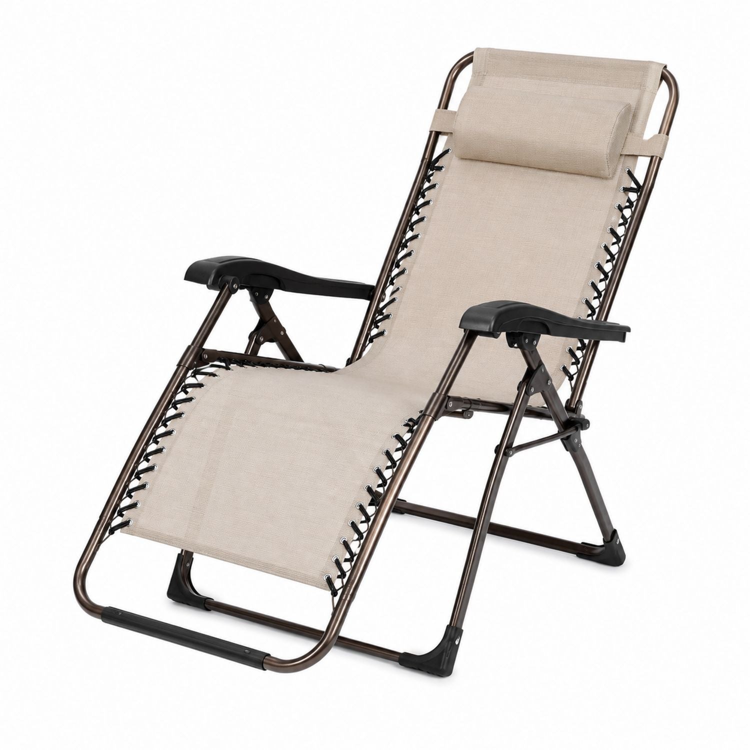Folding Outdoor Reclining Chair Steel Frame Textilene Fabric Beige