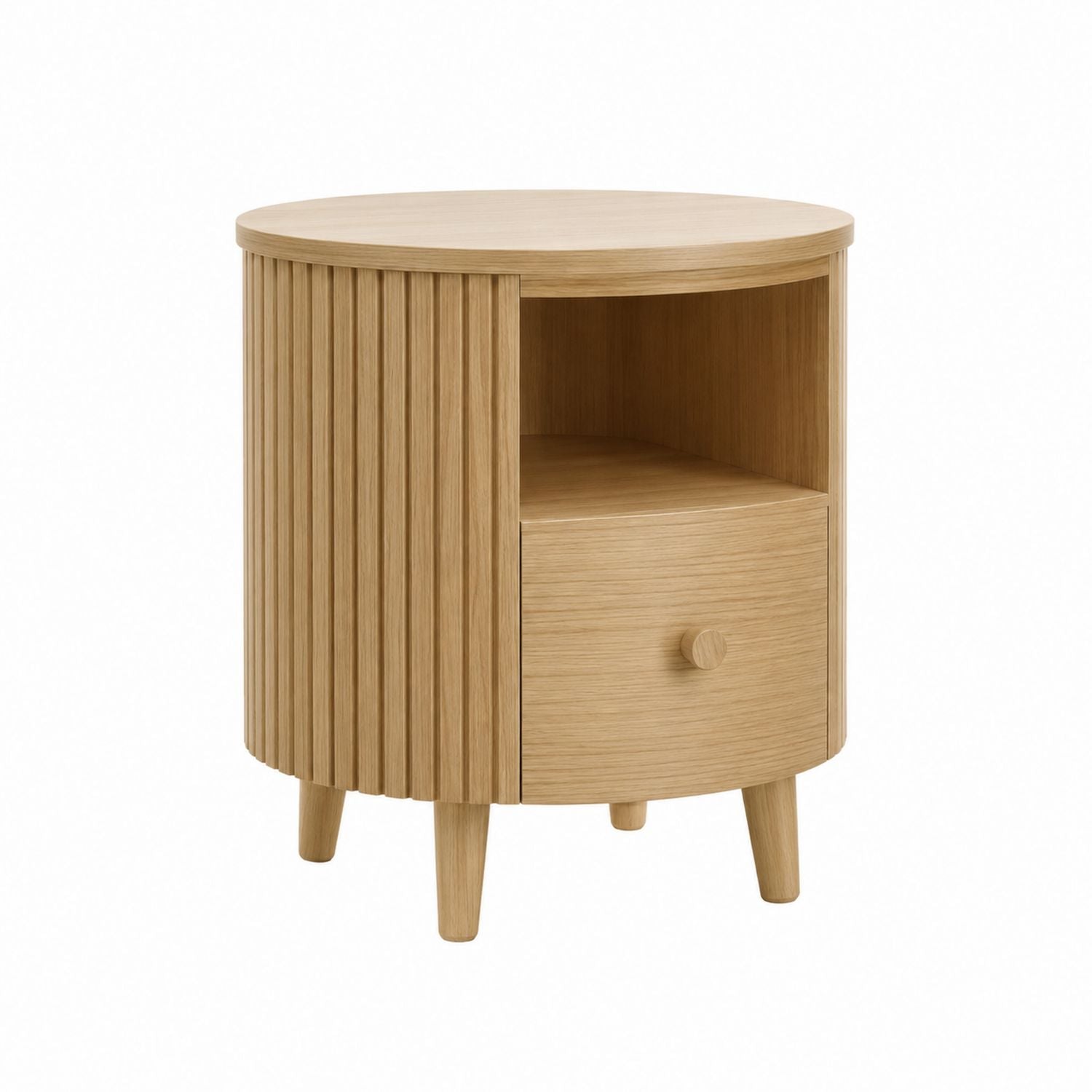 Round Wooden Nightstand with Drawer and Open Shelf 50cm Diameter