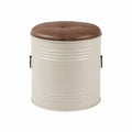 Round Metal Ottoman with Faux Leather Cushion Beige/Brown 38cm