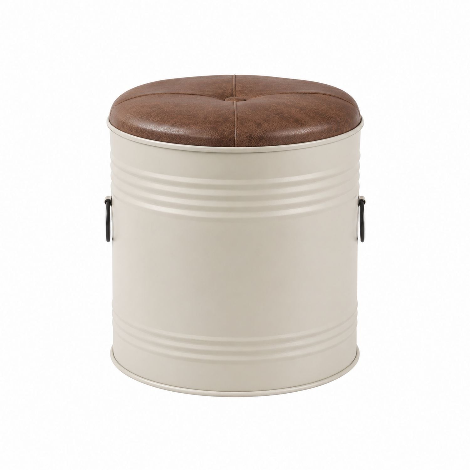 Round Metal Ottoman with Faux Leather Cushion Beige/Brown 38cm