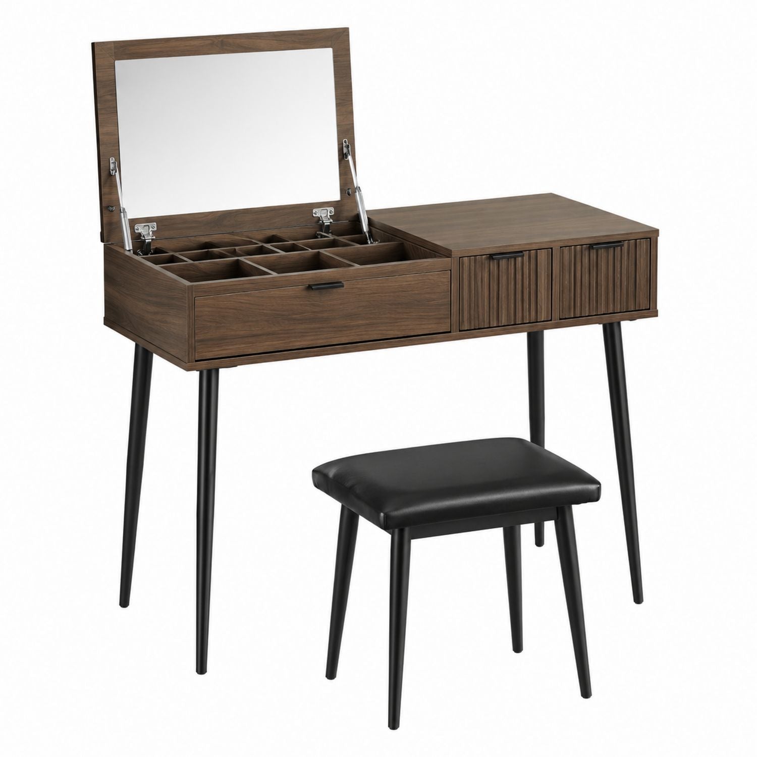 Wood Vanity Table with Mirror and Stool Set Brown Black