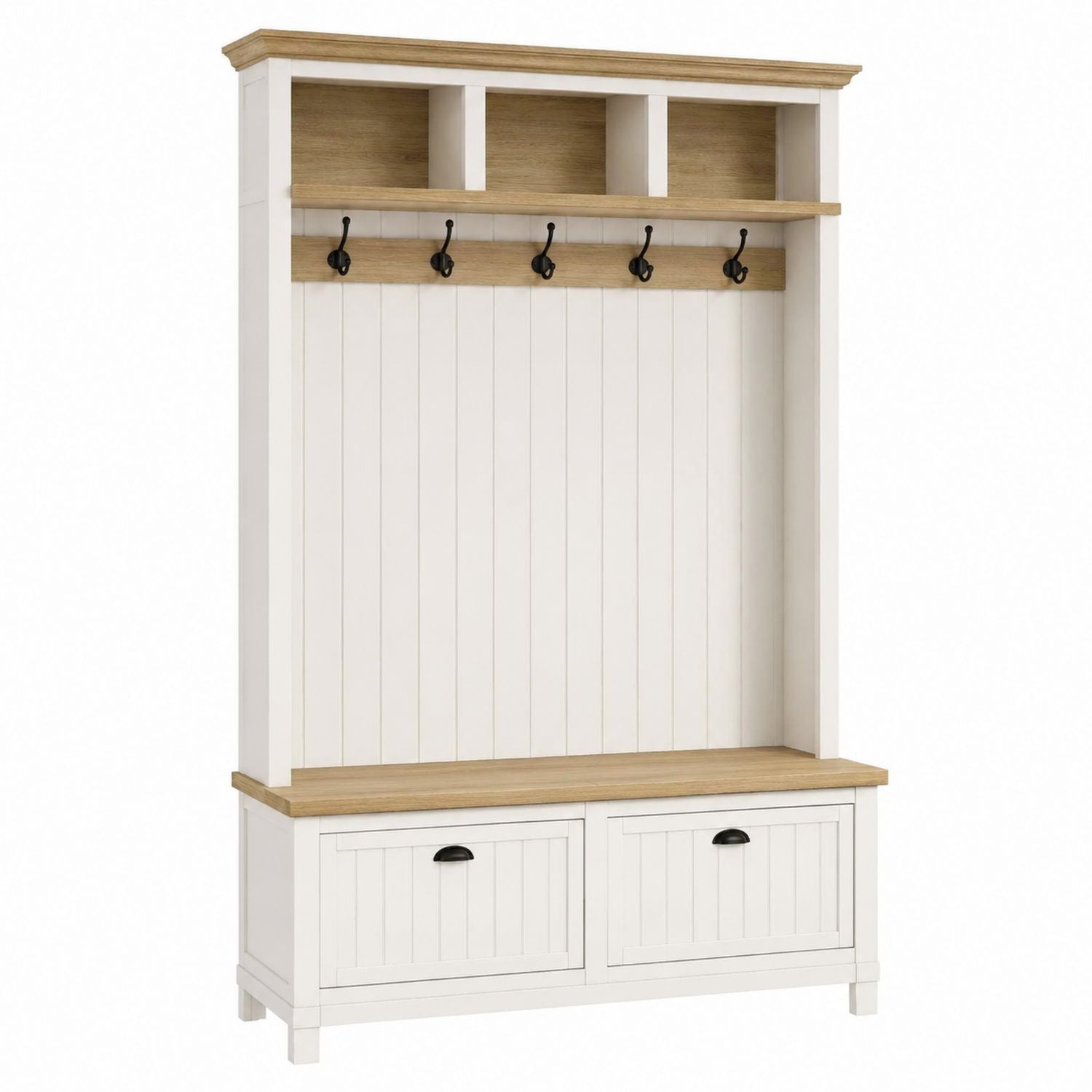 Wood Entryway Coat Rack with Storage Bench White Oak 180cm