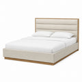 Queen Upholstered Bed with Wooden Frame and Beige Fabric Headboard