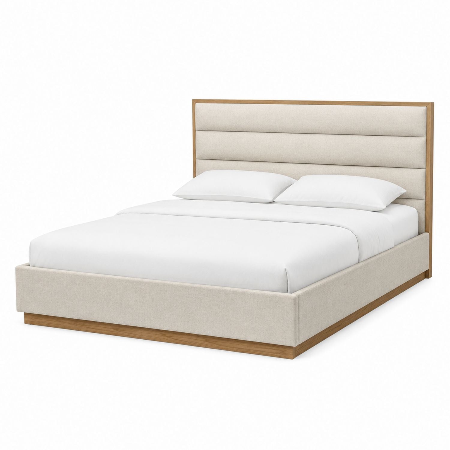 Queen Upholstered Bed with Wooden Frame and Beige Fabric Headboard