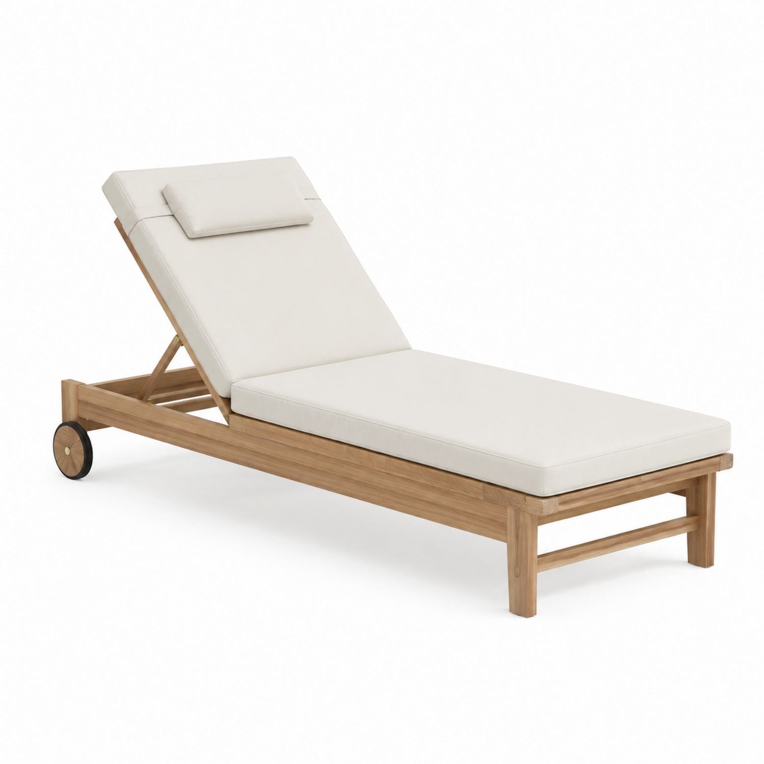 Teak Sun Lounger with Adjustable Backrest and Wheels Cream Cushions