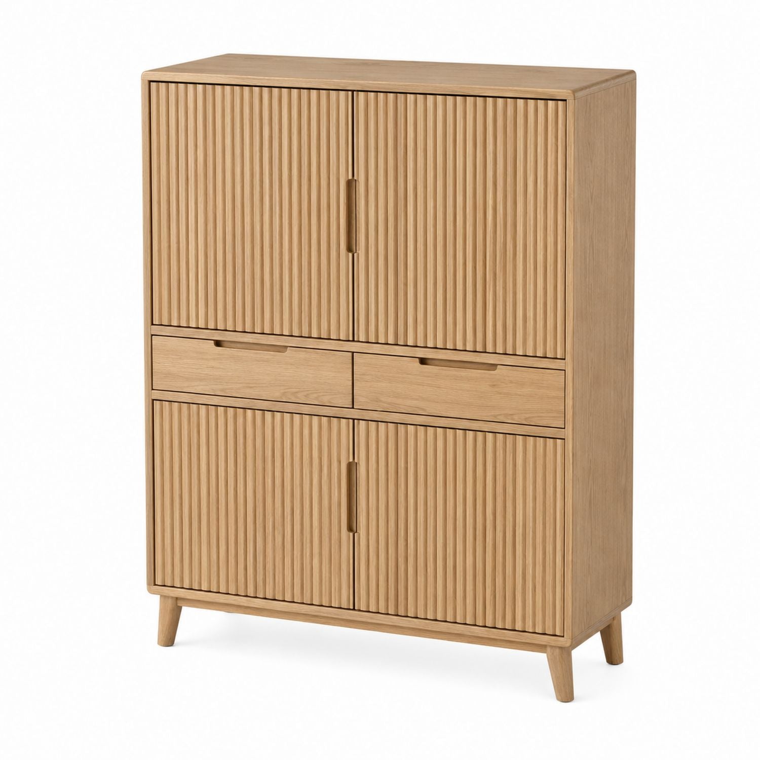 Wood Storage Cabinet Oak Tone with Grooved Doors and Drawers 130cm Height