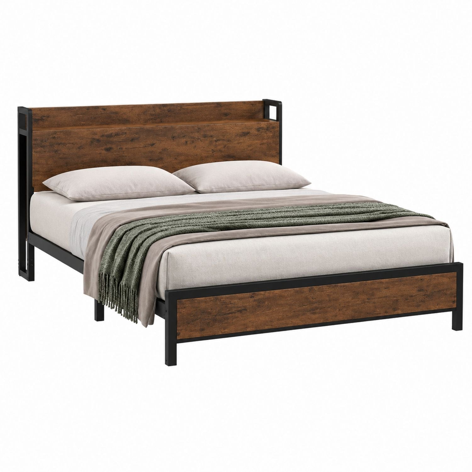 Queen Metal Platform Bed Frame with Wood Panels