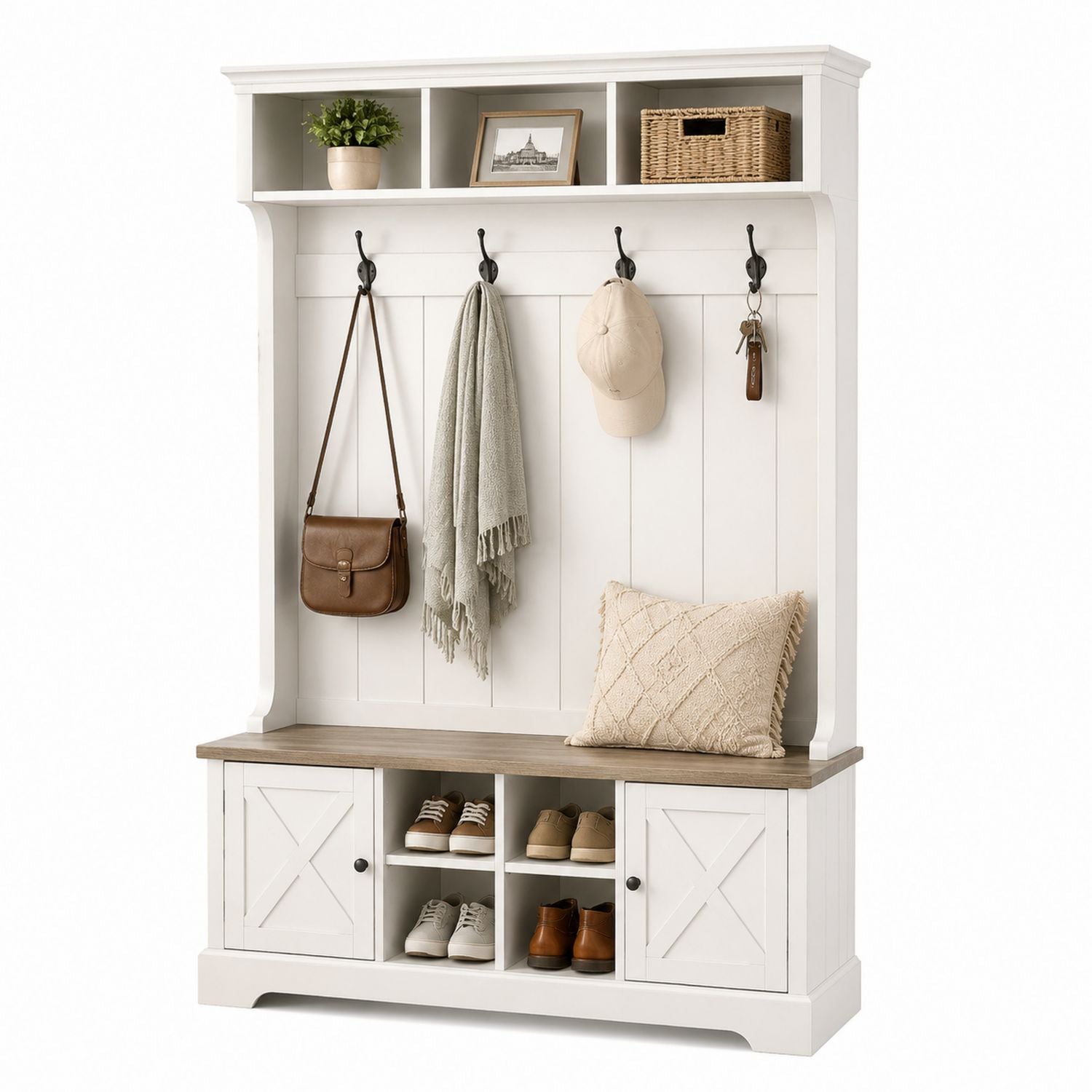 Wood Entryway Hall Tree with Storage Bench and Hooks 72in