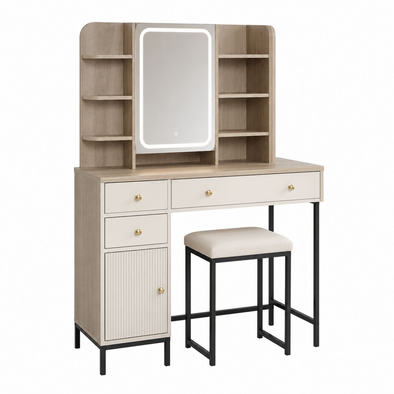 Wood and Metal Vanity Set with LED Mirror and Stool in Beige