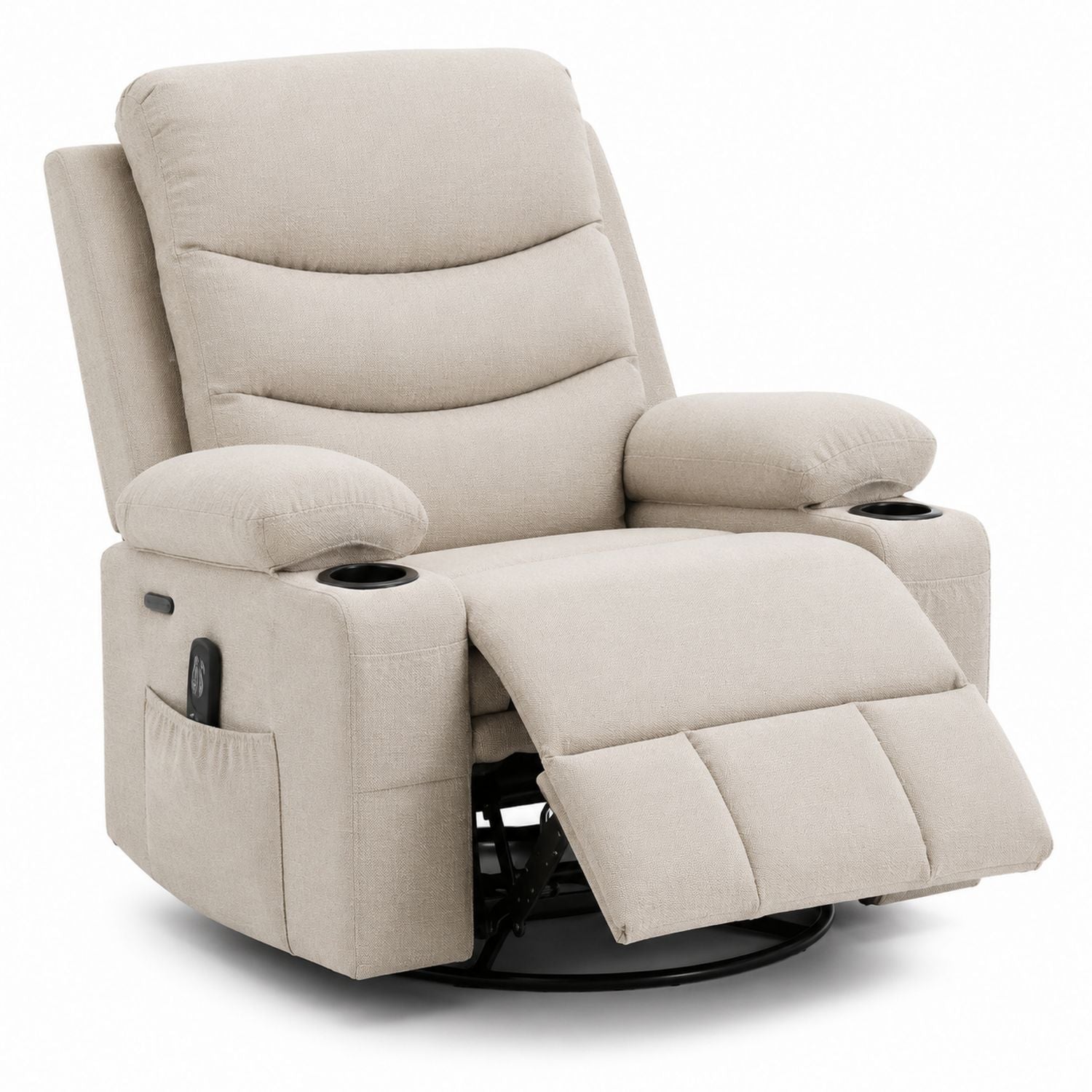 Fabric Recliner Chair with Swivel, Cup Holders, and Pocket - 40 x 37 x 39 inches - Beige